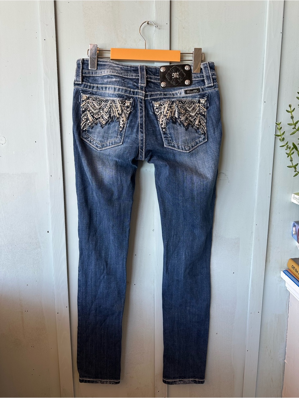 Y2K Miss Me Dark Blue Skinny Jeans with Beaded Back Pockets Size 26